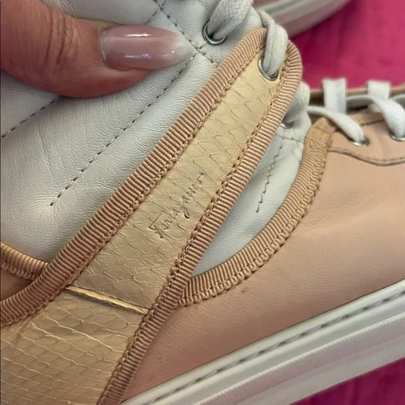 Salvatore Ferragamo Cream and Tan High-Top leather /snakeskin Sneakers, US7,5
